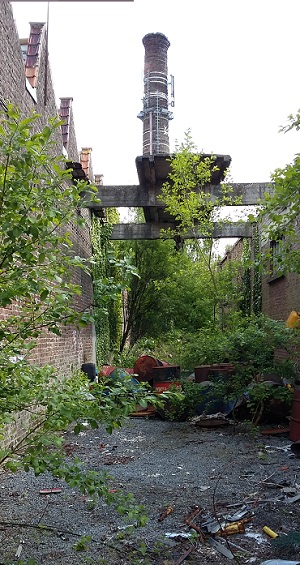 Friche dans le Nord, vue d'une cheminée en briques
