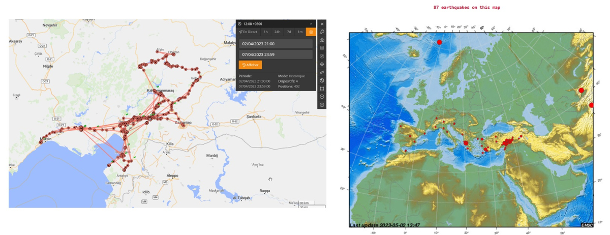 Figure on the left: seismicity between 6 February 2023 and 6 April 2023 (colour corresponds to magnitude) Source: emsc-csem.org. Right: route taken by the AFPS post-seismic mission cars (4 cars combined)
